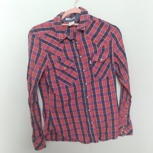 Levi's Red and Blue Plaid Pearl Snap 100% Cotton Button Front Shirt Size Small